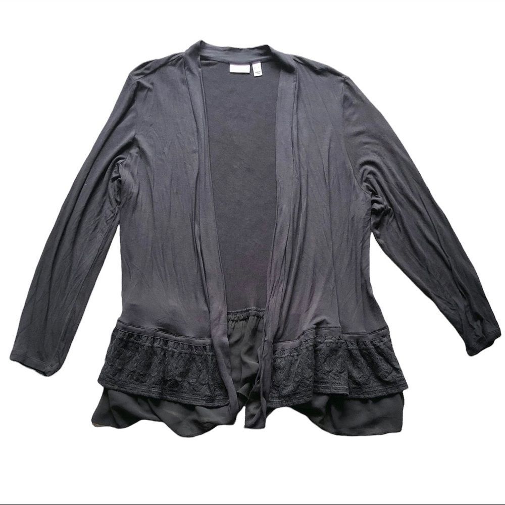 LOGO Lori Goldstein Black Long Lines Cardigan Lace Ruffle Hem Chifon Size XL